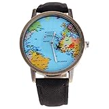 HuntGold Herren-Armbanduhr, modisch, mit Mini-Weltkarten-Flugzeug-Motiv, elektrisch, Jeans-Lederband 