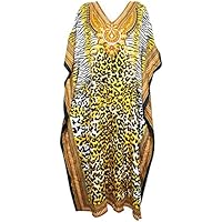 Mogul Interior Women Caftan Dress Yellow Leopard Print Maxi Kaftan Cover Up One Size