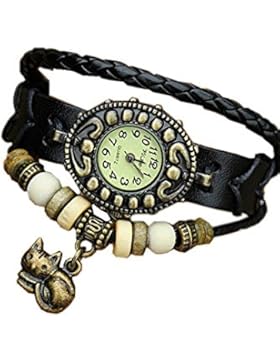 SAMGU Leder Damen Quarz Analog Antike Uhr dame armband Vintage armbanduhr Mit Kätzchen katze anhänger Farbe Schwarz
