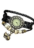 DAYAN NEUE Art und Weise Leder-Frauen-analoge Quarz-Uhr-Dame-Armband-Antike-Weinlese-Armbanduhr mit Katzen-Anhänger - schwarz