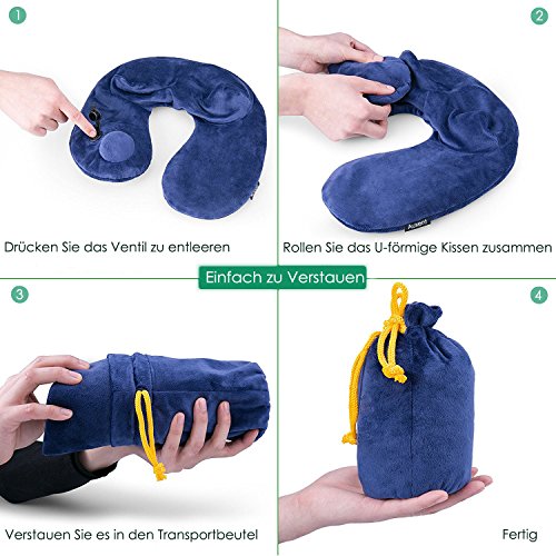 Auxent Aufblasbares Nackenkissen Reisekissen mit Fleece-Bezug, Nackenhörnchen für Zuhause, Büro und Unterwegs im Flugzeug, Bahn, Auto und Bus, Ergonomisches Design, Königsblau - 6