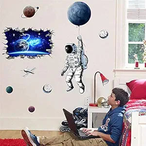 Creative Astronaut Planets and 3D Blue Cosmic Galaxy for Room Decor,2 Sets are More Affordable for Teen Boys Cool Stuff Living Room Wall Decals for Bedroom,Kids DIY Milky Way Wall Stickers