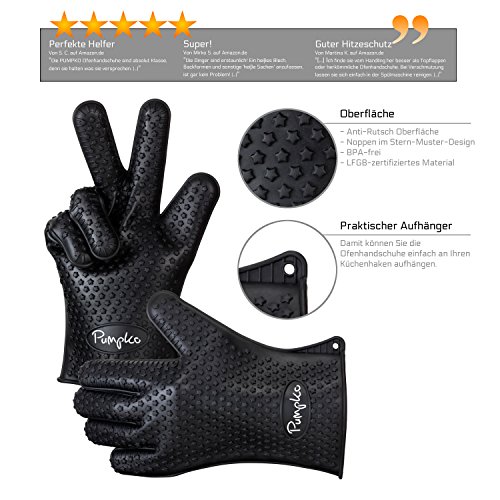 PUMPKO Hochwertige Silikon Ofenhandschuhe | Profi Kochhandschuhe | Classic feuerbeständige Kaminhandschuhe | feuerfest, rutschfest und hitzebeständig | Links und Rechts (Schwarz) - 2