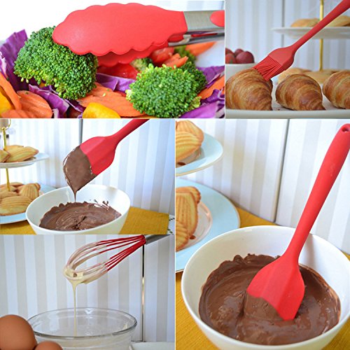 Küchenhelfer Set – Swify 10 Stück Premium Silikon Küchen Utensilien Set: 2 * Silikon Spachteln, 1 * Schneebesen, 1 * Spaghettilöffel, 1 * Suppenkellen , 1 * Silikon Pfannenwender, 1 * Suppenkelle, 1 * Schlitzlöffel, 1 * Grillzange, 1 * Silikon Pinsel - 5