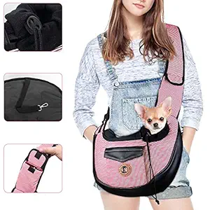 HomeChi Pet Sling, Puppy Dog Cat Sling Carrier Bag Hands-Free with Adjustable Padded Strap Front Pouch Single Shoulder Bag Carrying Tote for Small Pets Up to 12 lbs Outdoor Walking (Pink)