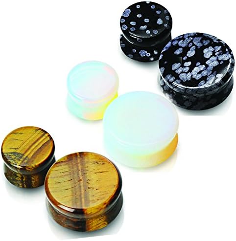 3 Pair of 8g (6 Total) 3mm Obsidian Opalite &amp; Tigers Eye Semi Precious Stone Ear Plugs Gauges