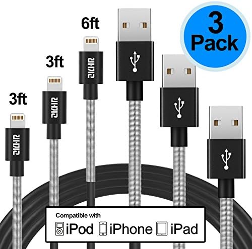 iPhone Lightning Cable, ZKHR iPhone Charger Cable 3Pack Spring Reinforced for iPhone8 7 Plus 6S Plus 6 Plus SE 5S 5C 5, iPad 2 3 4 Mini, iPad Pro Air 2, iPod (Space Black)