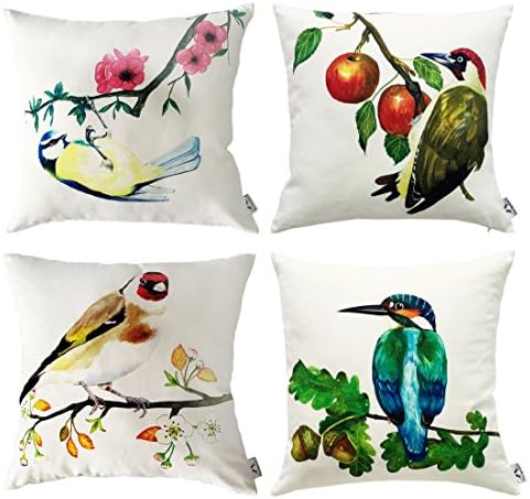 Set of 4 Decorative Cushion Covers - 100% Cotton - British Birds Painting Print Combo set 45cm x 45cm (18 inch x 18 inch)
