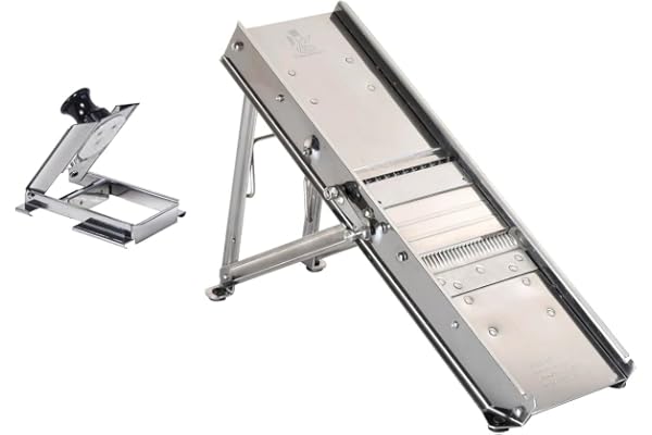Louis Tellier – Mandoline Inox Professionnelle avec Chariot pour Frites et Julienne – 2 Blocs Effileurs de 3 et 10 mm – Lame Lisse et Gaufrée – Réglable – Multifonction - Fabriqué en France