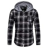 UJUNAOR Herren Frühling Langarmhemd Hoodie Plaid Casual Revers Shirt Hemd(Schwarz,CN M)
