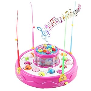 deAO Juego de Pesca Electrónico Rotatorio de Dos Niveles con Música y Luces – Incluye 4 Cañas y 26 Peces
