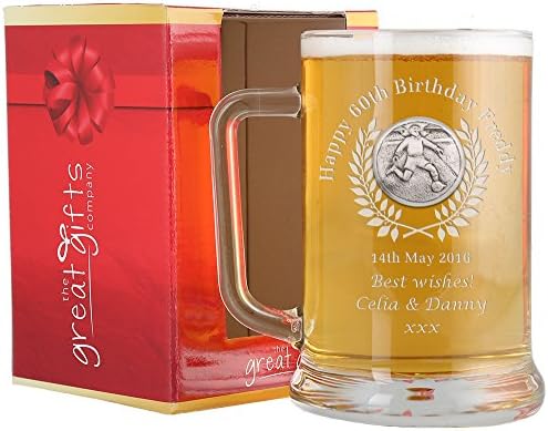 Solid Pewter Football Player Feature Man’s 60th Birthday Pint Glass Tankard in a Branded Gift Box