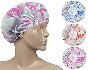 eAmaze Reusable Shower Caps for Adults and Children - Waterproof Reusable Shower Caps For Women Reusable For Homes, Spas, Salons, Hair Treatment, Beauty Parlors, Multicolored (Pack of 3)