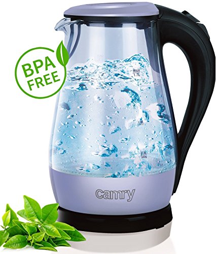 Glas Design Wasserkocher | 1,7 Liter | 2000 Watt mit blauer LED Innenbeleuchtung | BLAU & WEISS (Blau)