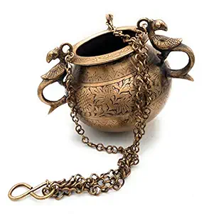 Bhunes Brass Hand Craved Hanging Lota | Brass Lota with Peacock and Chain | Hanging Lota| Cambu | Multipurpose Hanging Lota | Planter | Pot | Hanging Pot (Brass, 20CM)