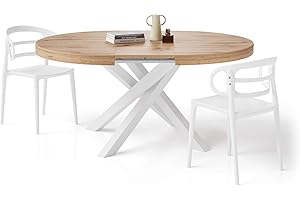Mobili Fiver, Emma Round Extendable Table, 120-160 cm, Rustic Oak with White crossed legs, Made In Italy