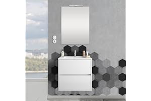 INBAGNO Mobile Bagno sospeso 70 cm, Serie Mavi 2 cassetti, arredo Bagno Completo di lavabo e Specchio (Bianco Lucido)