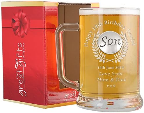 Son’s 18th Birthday Gift, Engraved Pint Glass Tankard with Pewter Son Feature in a Branded Gift Box