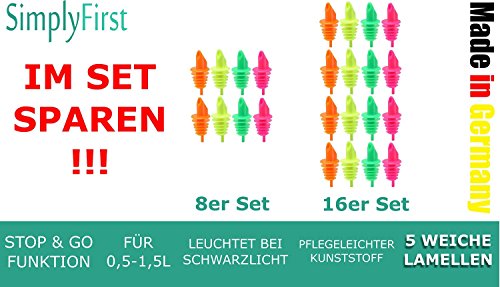 16 Ausgießer neon mit 5 weichen Lamellen tropffrei und STOP & GO Funktion, für Flaschen 0,5-1,5L, Gastro Qualität in Neon Farben by SimplyFirst MADE IN GERMANY (Inhalt: 4 orange, 4 gelb, 4 grün, 4 magenta)