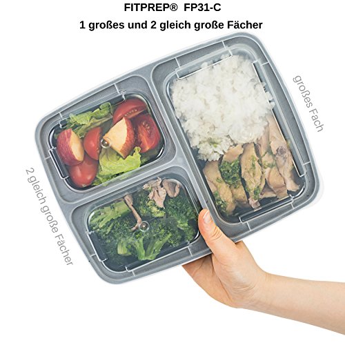 [10er Pack] FITPREP® 3-Fach Premium Meal Prep Container | Lunchbox, Modell 2017 – stabil,fest schließender Deckel, Stapelbar, Wiederverwendbar, Spülmaschinenfest, Mikrowellen-, Gefrierschrankgeeignet - 2