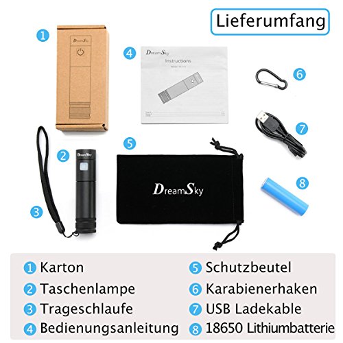 DreamSky wiederaufladbare LED Taschenlampe mit 18650 Batterie und USB Ladekabel, einstellbare 5 Leuchtmodi, wasserdicht, geeignet für Haushalt, Arbeit und Outdoor Aktivitäten - 7