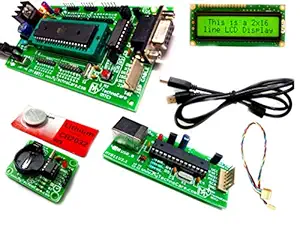 MY TechnoCare 8051 Development Board with USB Isp Programmer Kit, Onboard ZIF Socket 40-Pin, MAX232, Atmel AT89S52 Microcontroller IC DS1307 RTC Module Real Time Clock, 16x2 LCD Display Yellow/Green