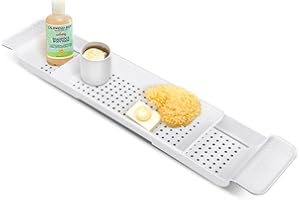 YORKING Bath Rack Trays Adjustable Bathtub Caddy Tray Bathroom Rack Shelf Retractable Bathroom Accessories Board Bathroom Trays for Place Candles Wine Glass Book Phone Pad Holder (White)