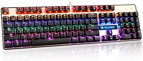Sades K10 Mechanical Computer Gaming Keyboard, US Layout Standard 104 Keys with Blue Switches & Rainbow LED Backlit for Laptop/PC-Black&Gold