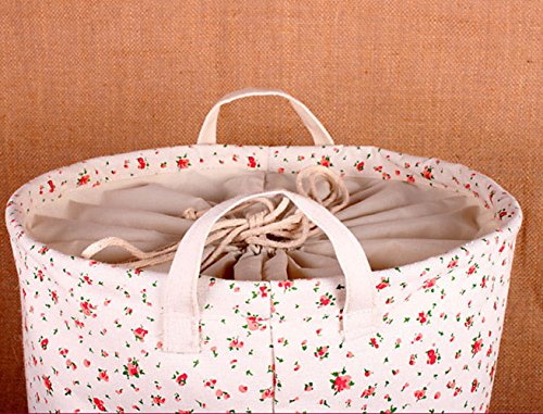 Addfun®Prämie Stoff Faltbare Runden Wäsche Korb,Stitching Spitze Wäsche Korb Kinder Spielzeug Lagerung Halter mit Lids 35 * 45cm(rote Blume) - 3