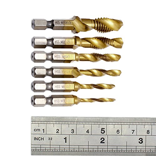 JTENG 6 teilig Kombi Gewindebohrer Bit Satz 1/4“ HSS M3-M10 Schraube Sechskantschaft Senker Werkzeuge Bohrer Bit Set Maschinengewindebohrer Drill Bits Satz Edelstahl HSS - 6