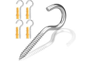 Garegce Screw-in Hooks in 304 Stainless Steel, 80mm (3.15 inch) Heavy Duty Washing Line Hooks for Fence Post Rust Proof Wall Mount Screw with Plastic Plugs for Home Office Outdoor Garden, Wood - 4PCS