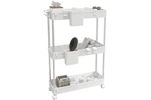 LYNCOHOME Rollwagen Küchenwagen mit 3 Ebenen, Küchenregal Nischenregal auf Rollen, Badregal Aufbewahrungswagen für Küche Badezimmer, mit 4 Haken+2 Behälter+Korbunterteilungen