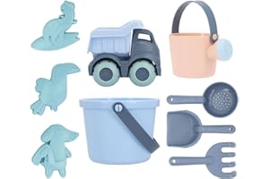 Monnëka Set de Jouets de Plage | Jouets de Sable Écoresponsables et Sûrs dès 6 Mois | Kit avec Seau, Pelles, Râteau, Arrosoir et Camion | Facile à Transporter pour Plage | Serenity Blue