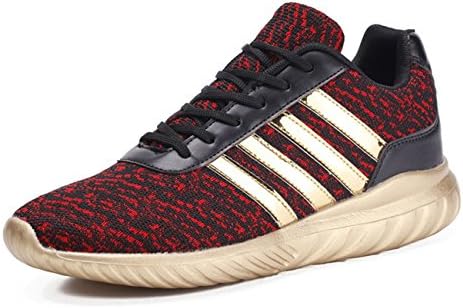 Men Classic Stripe Running Gym Lightweight Height Increasing Lace Flyknit Shoes Sneakers (10 UK, Gold)