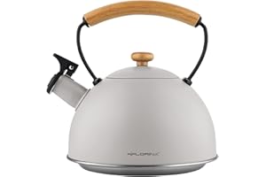 Tetera FLORINA (2,3 l) | Tetera de Acero Inoxidable NATURA| Tetera Flauta con Mango de Madera | Silbato Automático | Tetera para Estufa de Inducción, Estufa de Gas y Estufa Eléctrica | Color: Gris