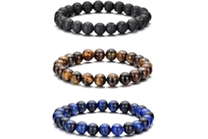 RANKEEF Bracelet œil de tigre pour hommes, ensemble de bracelets de perles en pierre naturelle de 8MM, bracelets extensibles en pierre de lave, réglables, en perles de cristal noir, cadeaux pour hommes