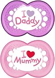 MAM Style I Love Mummy  and  Daddy Soothers with Sterilisable Travel Case (6 Months and Above, Red/Pink)