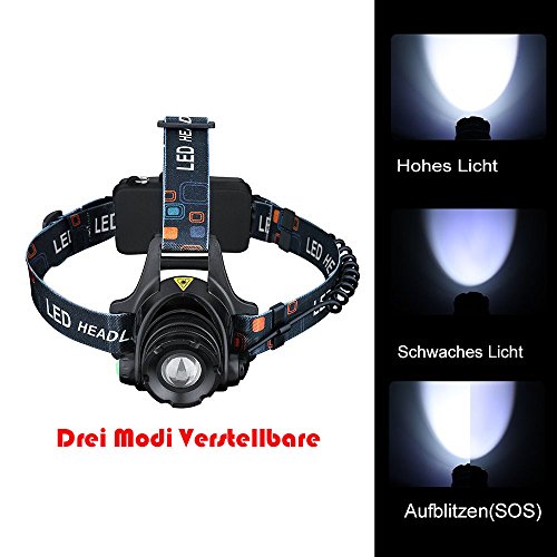 LED Stirnlampe / Kopflampe, Pictek Lenser LED Kopflampe Kopfleuchten mit 1600 Lm, wasserdicht, CREE T6 Chip, 3 Modewechsel, ideal für Auto Reparatur, Wartung, Bauarbeiten, Höhlenforschung, Nachtwanderung Joggen, Camping, Fahrradfahren usw. (2 x 18650 Lithium-Akku enthalten) - 2