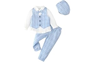 Lito Angels Baby Kids Boys Gentleman Plaid Waistcoat Suit Set Formal Wedding Outfits with Hat, Grey Green Blue Brown Red