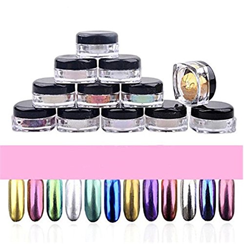 Nail Glitter, Voberry® 12 Colors Nail Glitter Powder Shinning Nail Mirror Powder Makeup Art DIY Chrome Pigment With Sponge Stick