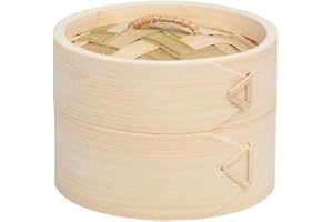 UNTIOR Dampfgarer Bambus, 2 Etagen Bambus-Dämpfer mit Deckel, Bambus Dämpfaufsatz und Dampfkorb Reiskocher Bambusgarer für Sim Sum Dumplings, Gemüse, Reis, Fleisch und Fisch (4"-1)