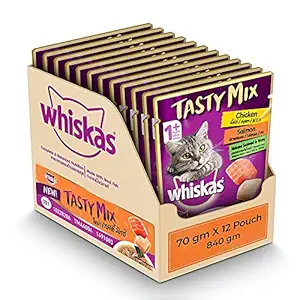 Whiskas Adult (1+ Year) Tasty Mix Wet Cat Food Made with Real Fish, Chicken with Salmon Wakame Seaweed in Gravy - Pack of 12