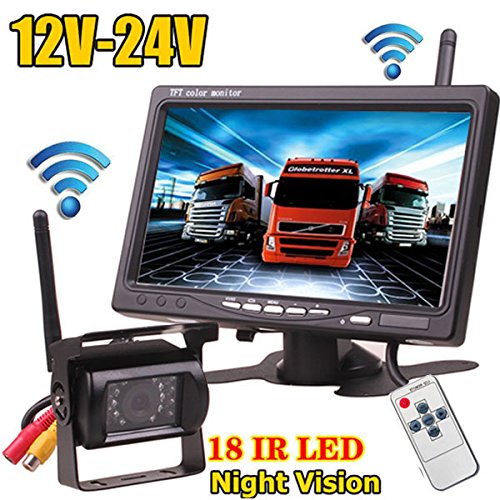 12 V-24 V Wireless 18LEDs IR visión nocturna impermeable cámara de visión trasera de copia de seguridad de marcha atrás sistema + 7 "monitor TFT LCD HD coche para Bus camión remolque