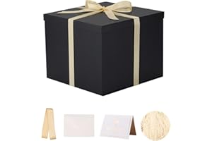 KdmNzoo Geschenkbox mit Deckel 32 x 32 x 25 cm, Geschenkbox mit Schleifen, Grußkarten, Raffia Hamper Shreds für schwarz