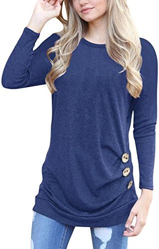 Women's Button Trim Blouse Long Sleeve Round Neck Tunic T-Shirt Solid Color Top