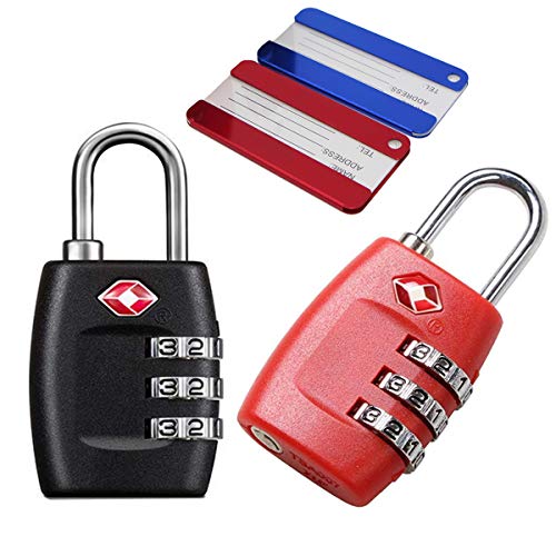 Lucchetto TSA per Valigia, Toolove 2 Pezzi Lucchetti a 3 Cifre Combinazione + Etichetta Bagaglio in Lega di Alluminio per Valigie, Zaini, Borse, Armadietti, Palestra, Serrature Moto ecc, Nero e Rosa