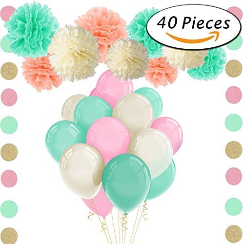FTUNG 40Pcs Ivory Mint Peach Party Decorations Tissue Paper Pom Poms Flowers Latex Balloons Tassel Paper Garland Kit for Baby Shower Party Decorations