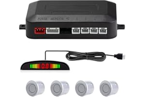 CUQI Sensores de Aparcamiento, 4 Sensores Traseros con Avisador Acústico de Distancia en Pantalla LED(4 Sensores, Plata)
