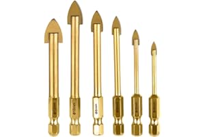 Glasbohrkronen Set TIMESETL 6 Stück Glasbohrer Sechsecke Fliesenbohrer mit Titan-Beschichtung Keramikbohrer 4mm / 5mm / 6mm / 8mm / 10mm / 12mm Fliesenbohrer-Werkzeug für Glas Fliesen Spiegel