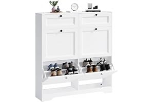 Xbro Rymdbesparande skohylla i trä med 4 framåtvända dörrar och 2 övre lådor, justerbar hylla i 2 nivåer, skoskåp 95 x 24 x 101 cm
